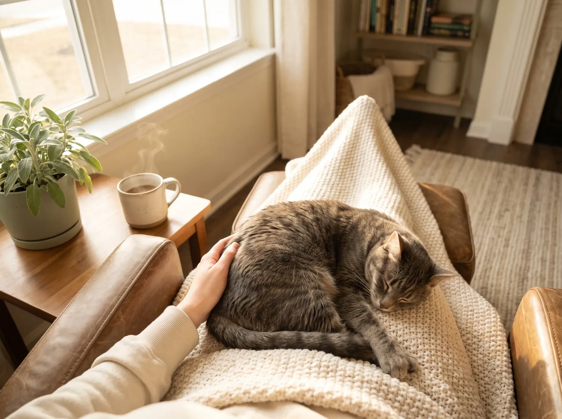 A grey tabby cat asleep on its owner’s lap under a cream blanket