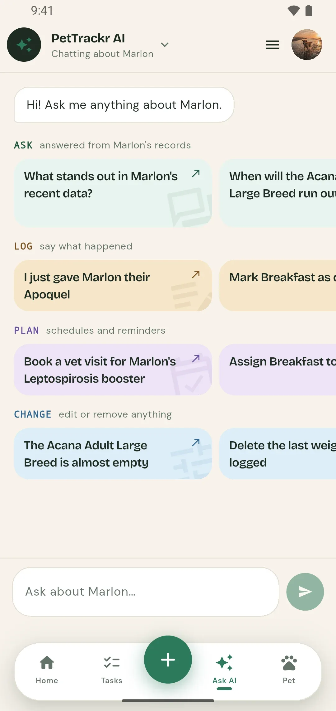 The PetTrackr assistant with suggestions to ask, log, plan and change things