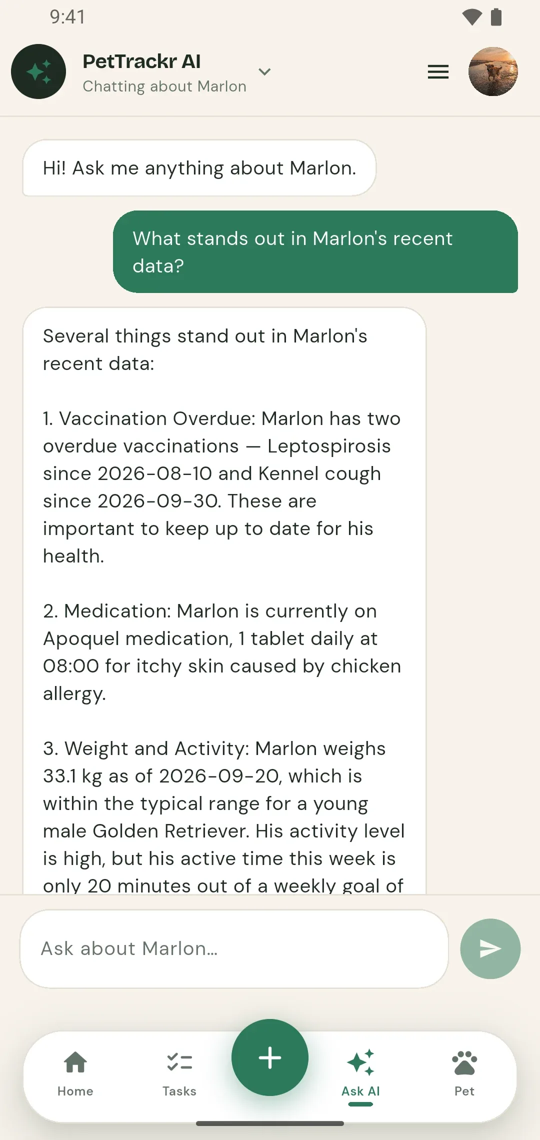 The PetTrackr assistant answering what stands out in Marlon's recent data, from his real records