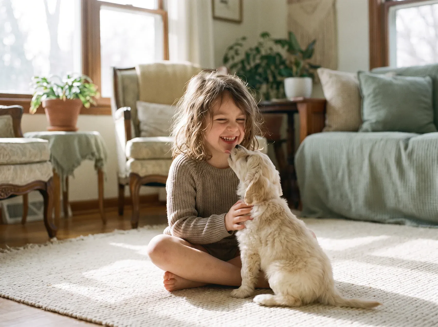 A girl laughing as a fluffy puppy licks her chin