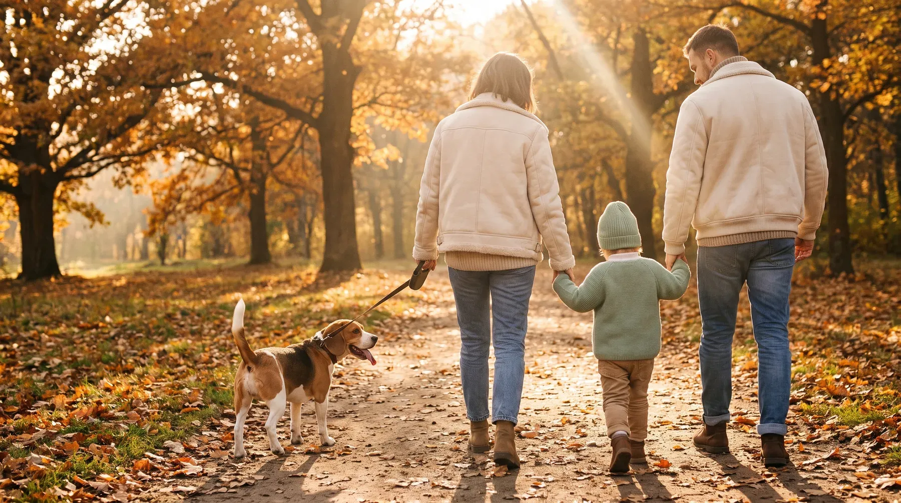 A family walking their beagle in an autumn park