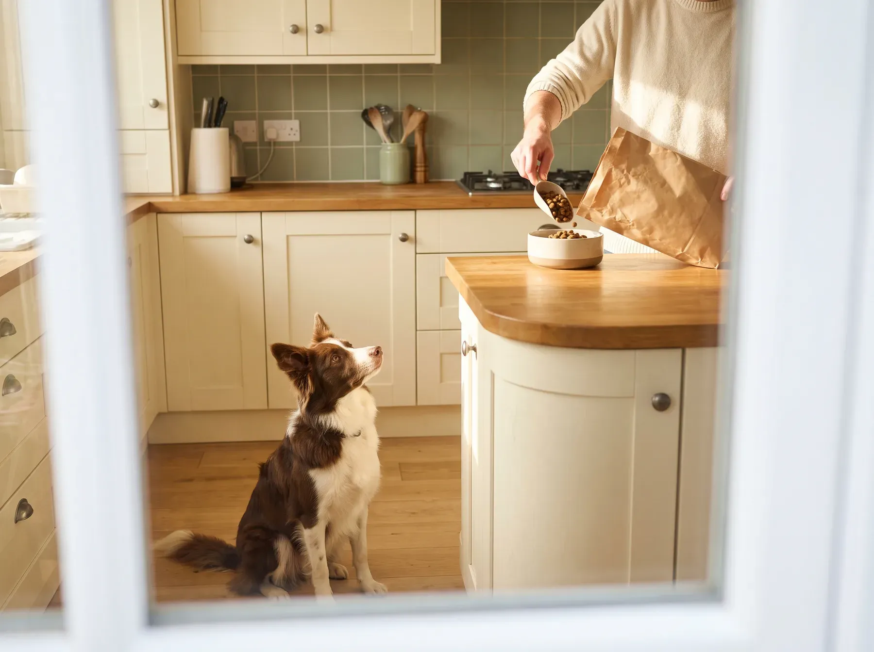 A Border Collie sitting politely in a kitchen while its owner scoops kibble into a bowl