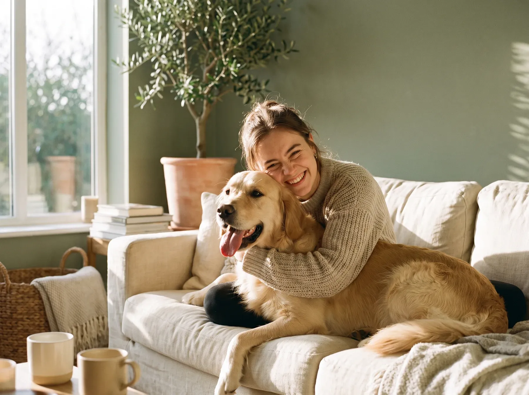 A smiling woman hugging her golden retriever on a cream sofa