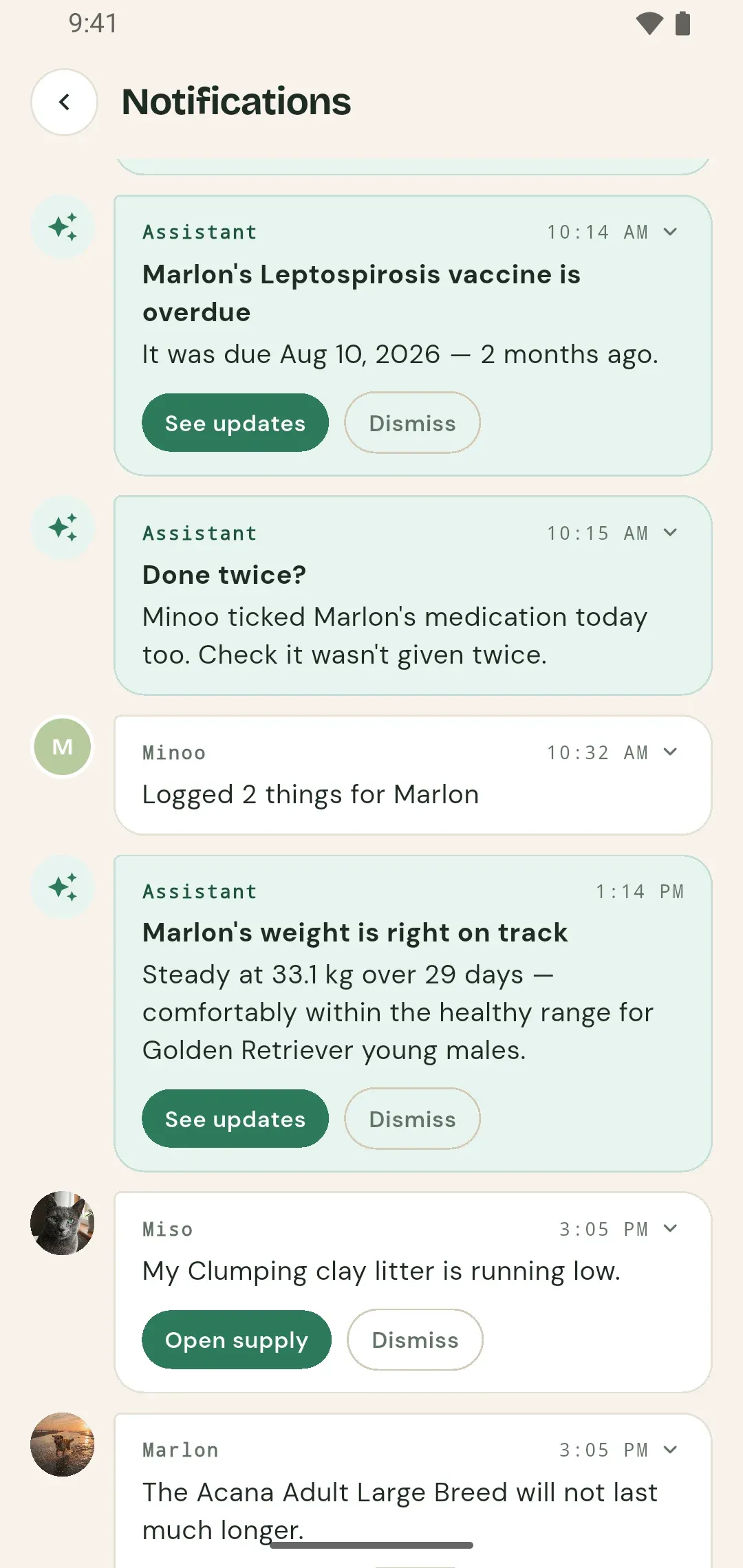 PetTrackr’s inbox showing family updates about who did which task