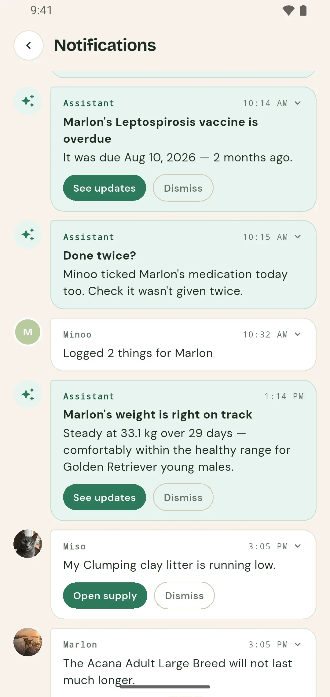 PetTrackr notifications written in the pet’s voice, with family activity and one-tap actions