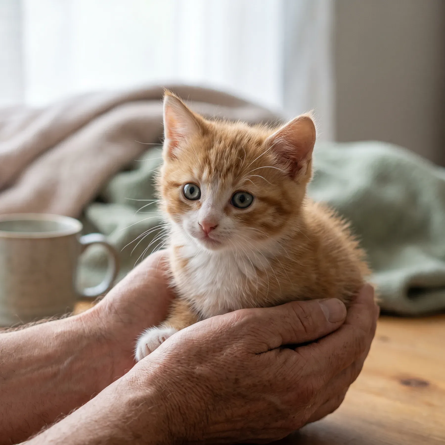 A ginger kitten held in two cupped hands