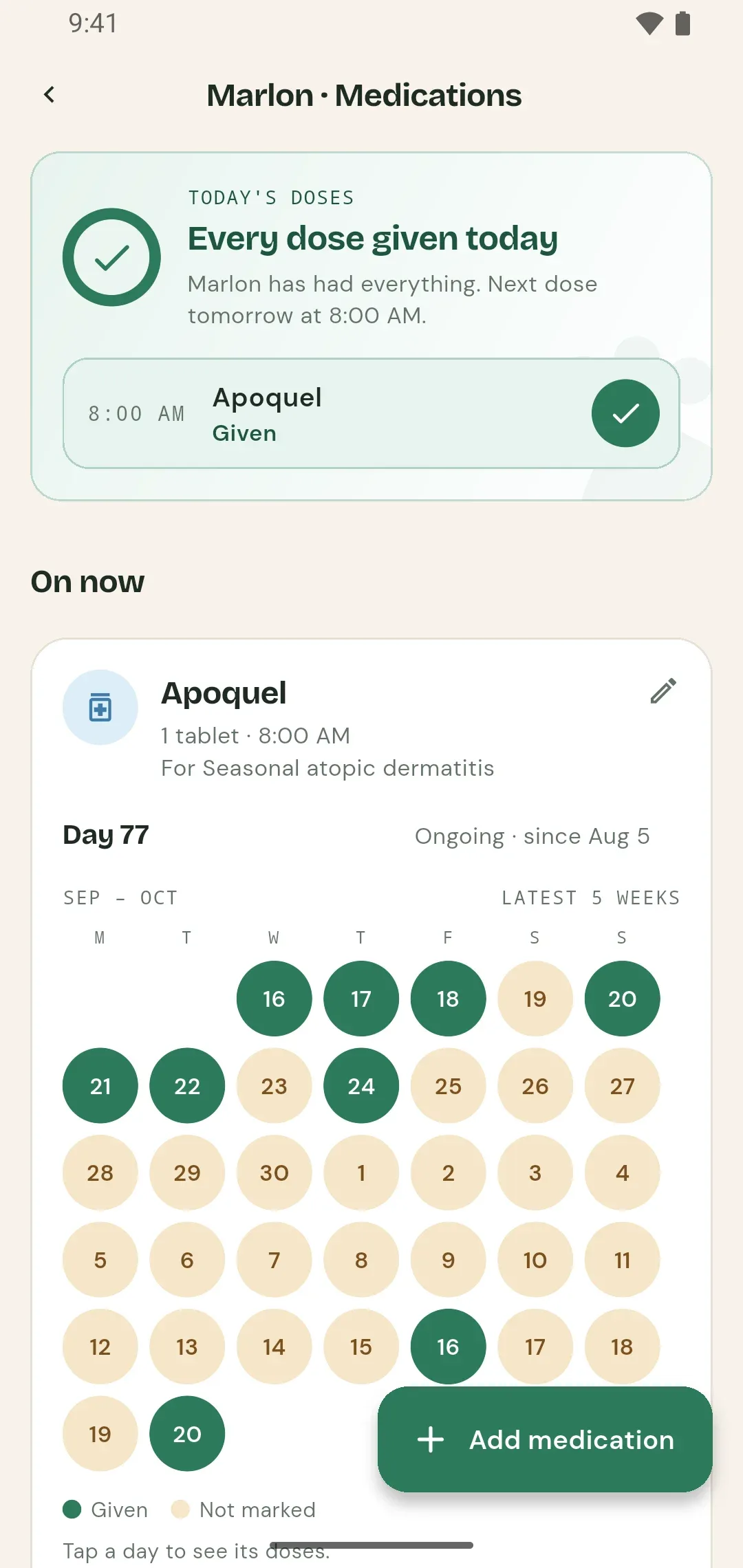 PetTrackr medications screen: every dose given today, and a calendar of Apoquel doses given