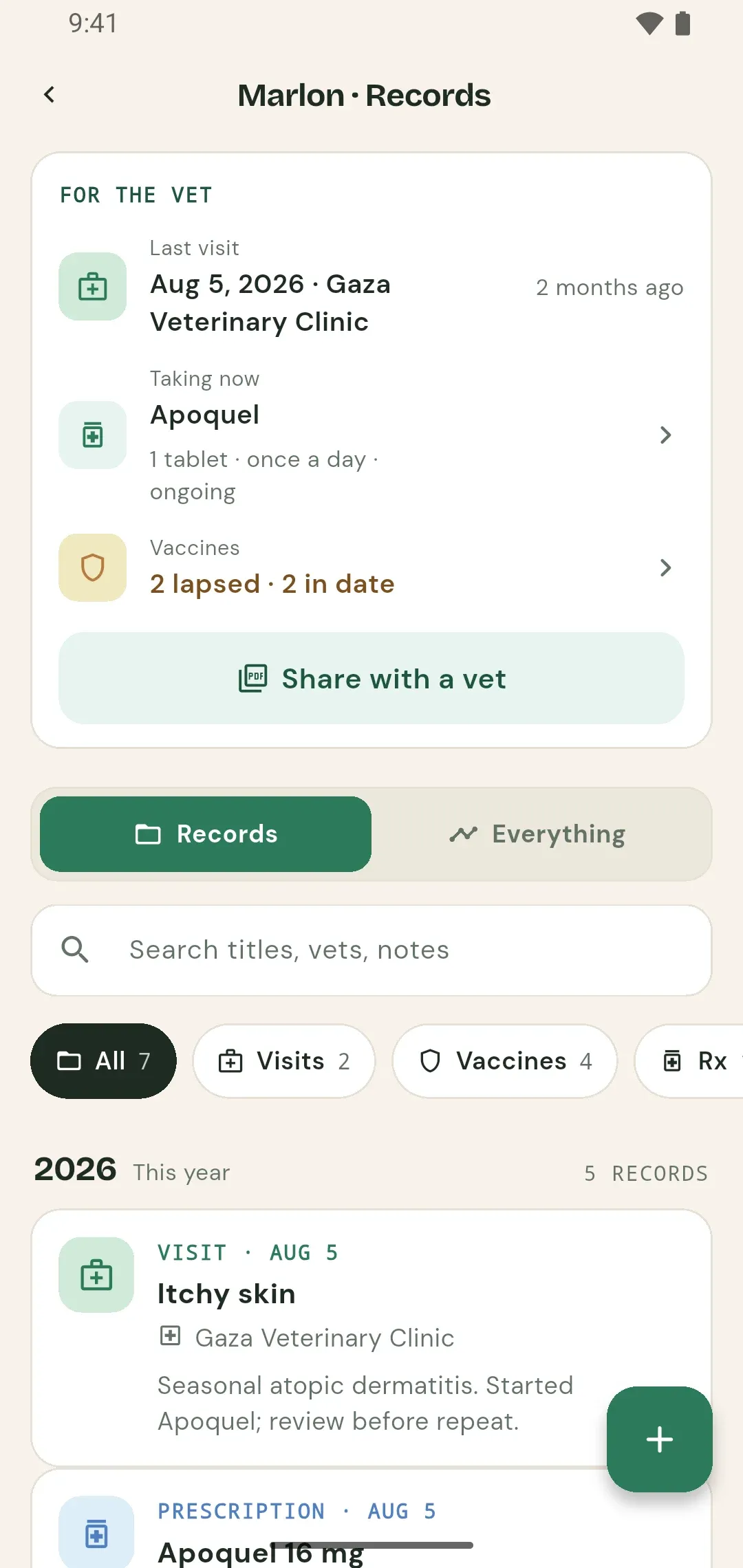 PetTrackr’s records screen: a For the vet summary with the last visit, current medication and vaccine status, a Share with a vet button, and the dog’s records below