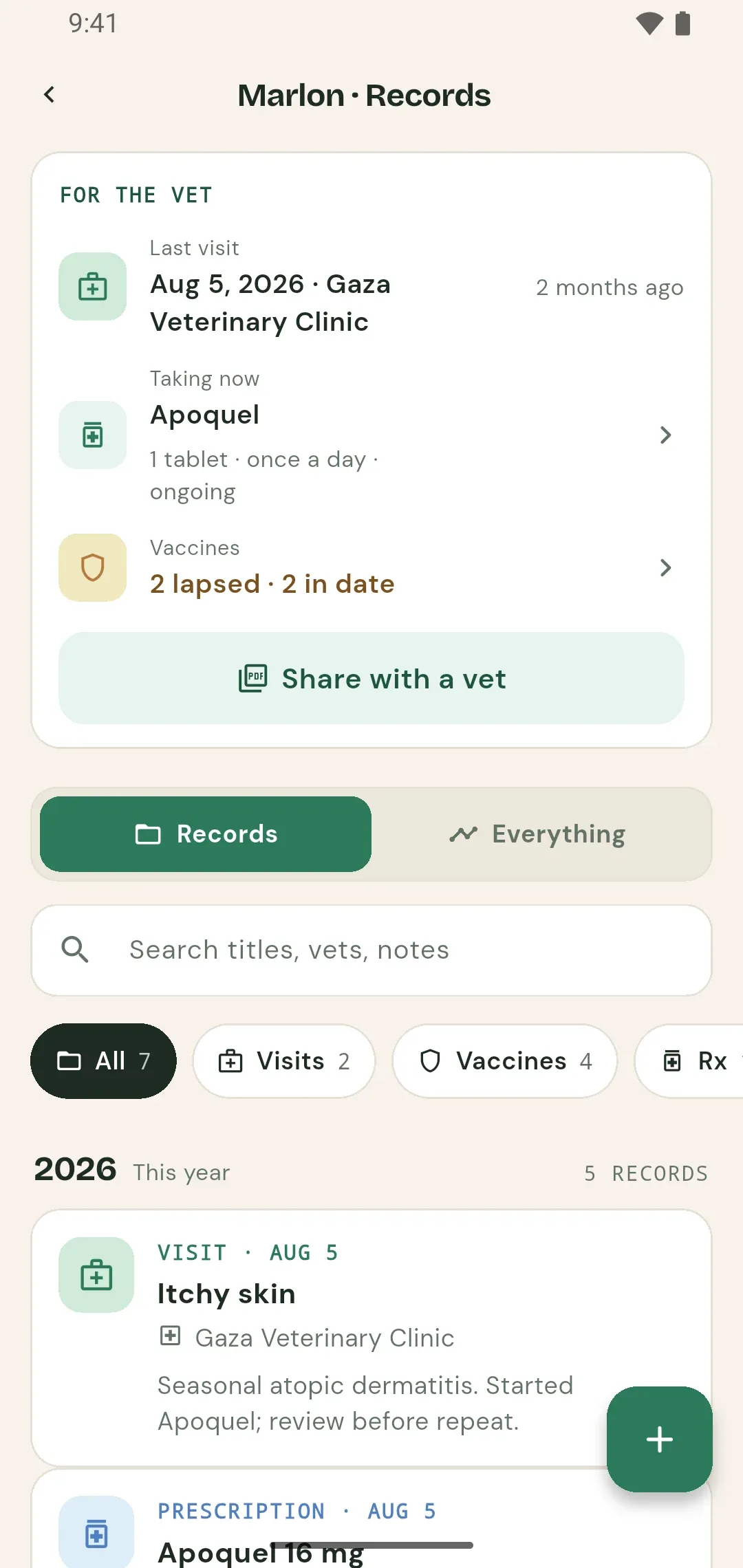 PetTrackr records screen with a For the vet summary: last visit, current medication and vaccine status