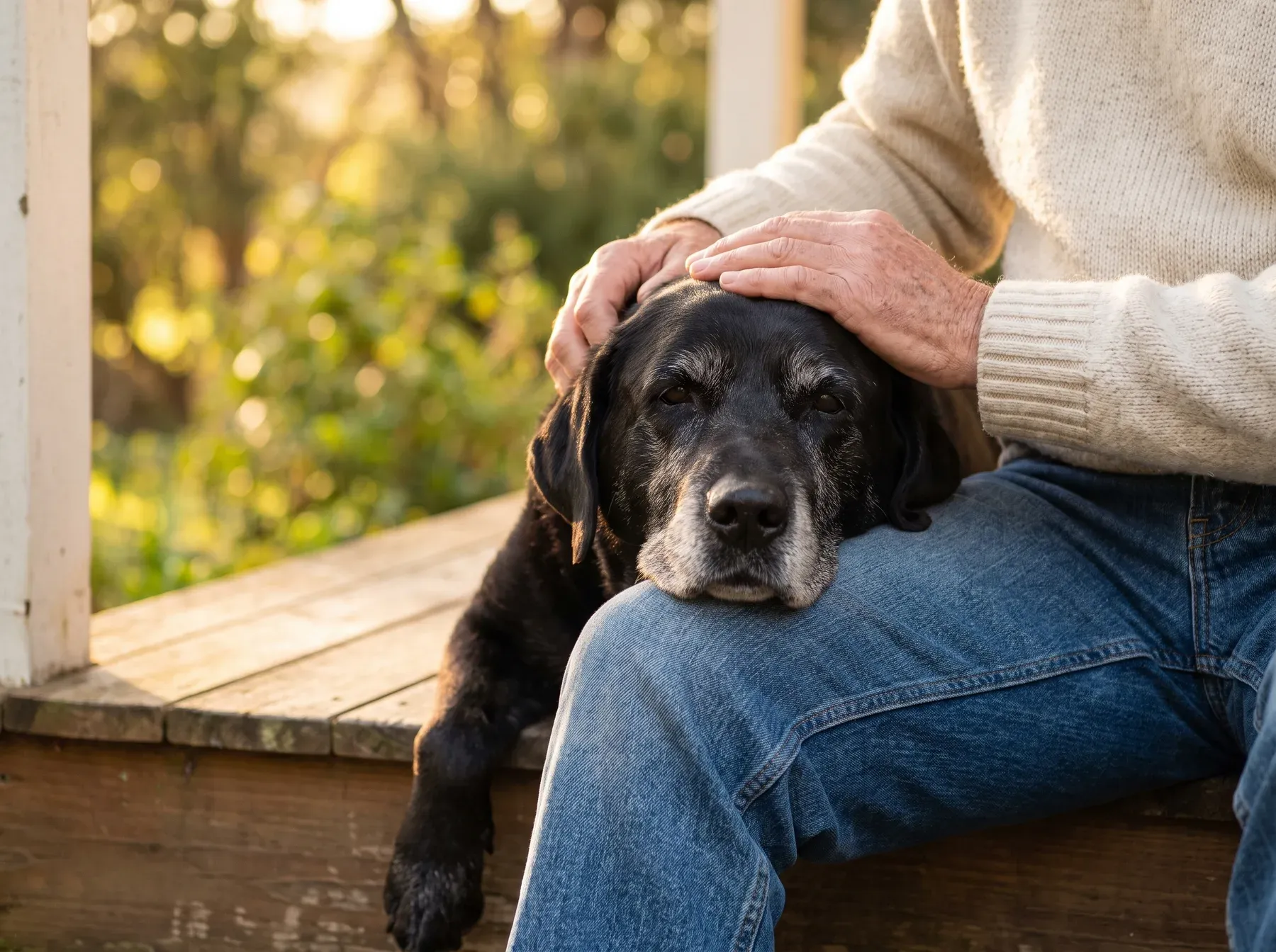 An old black Labrador resting its chin on its owner’s knee