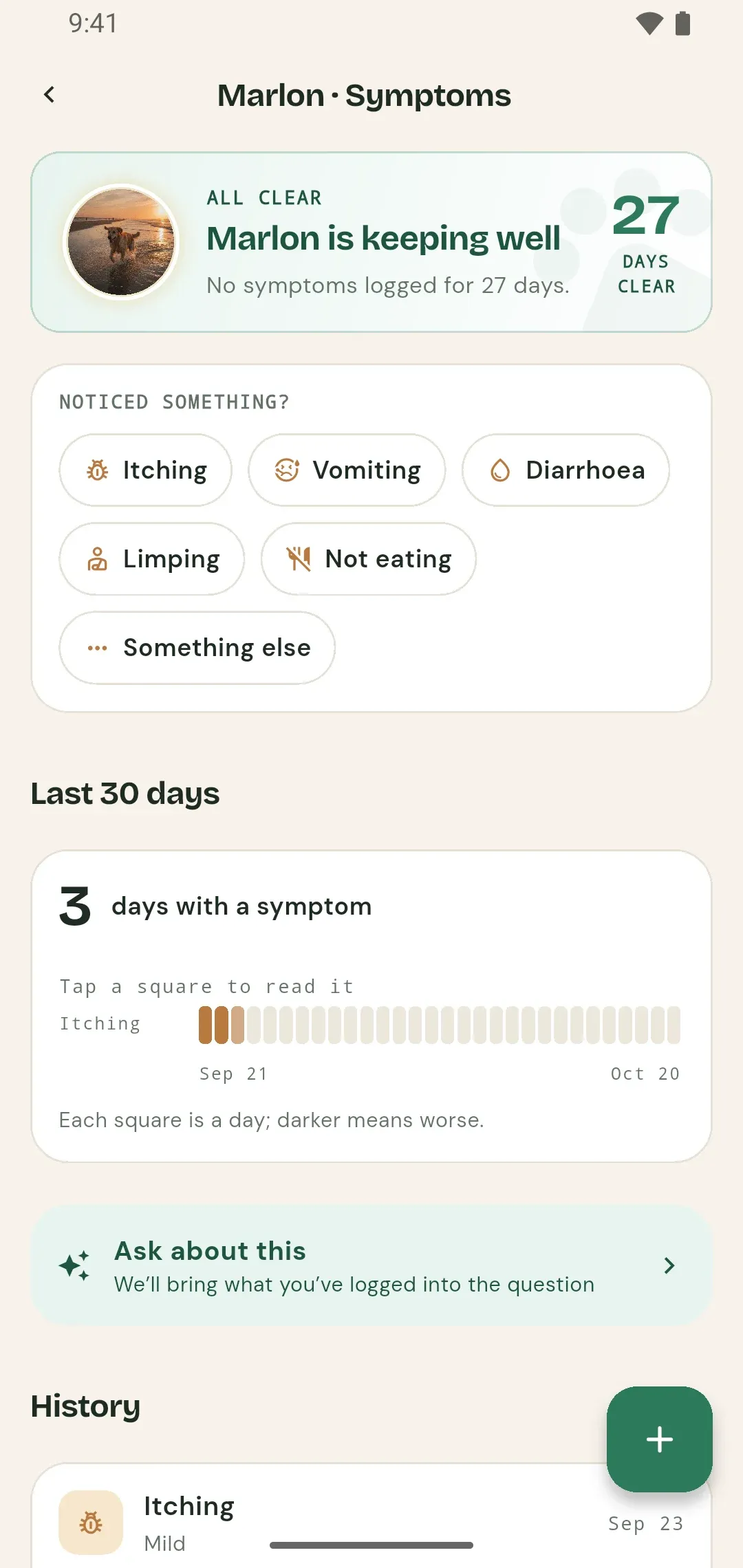 The PetTrackr symptoms screen showing a running symptom with a day-by-day trend