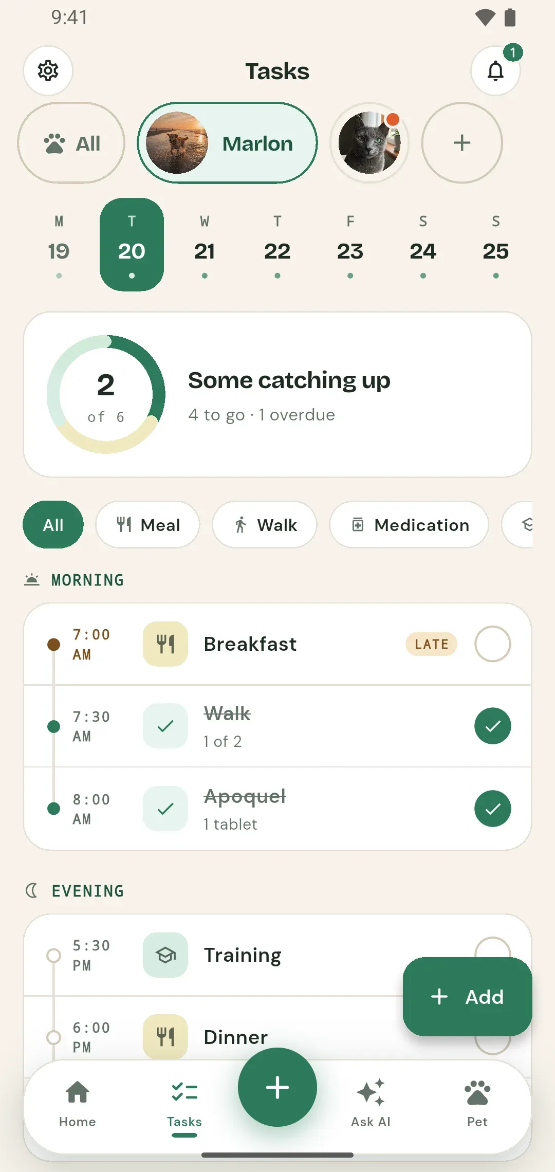 PetTrackr Tasks tab: today's plan for Marlon with breakfast, walks, medication and training on a timeline, 2 of 6 done
