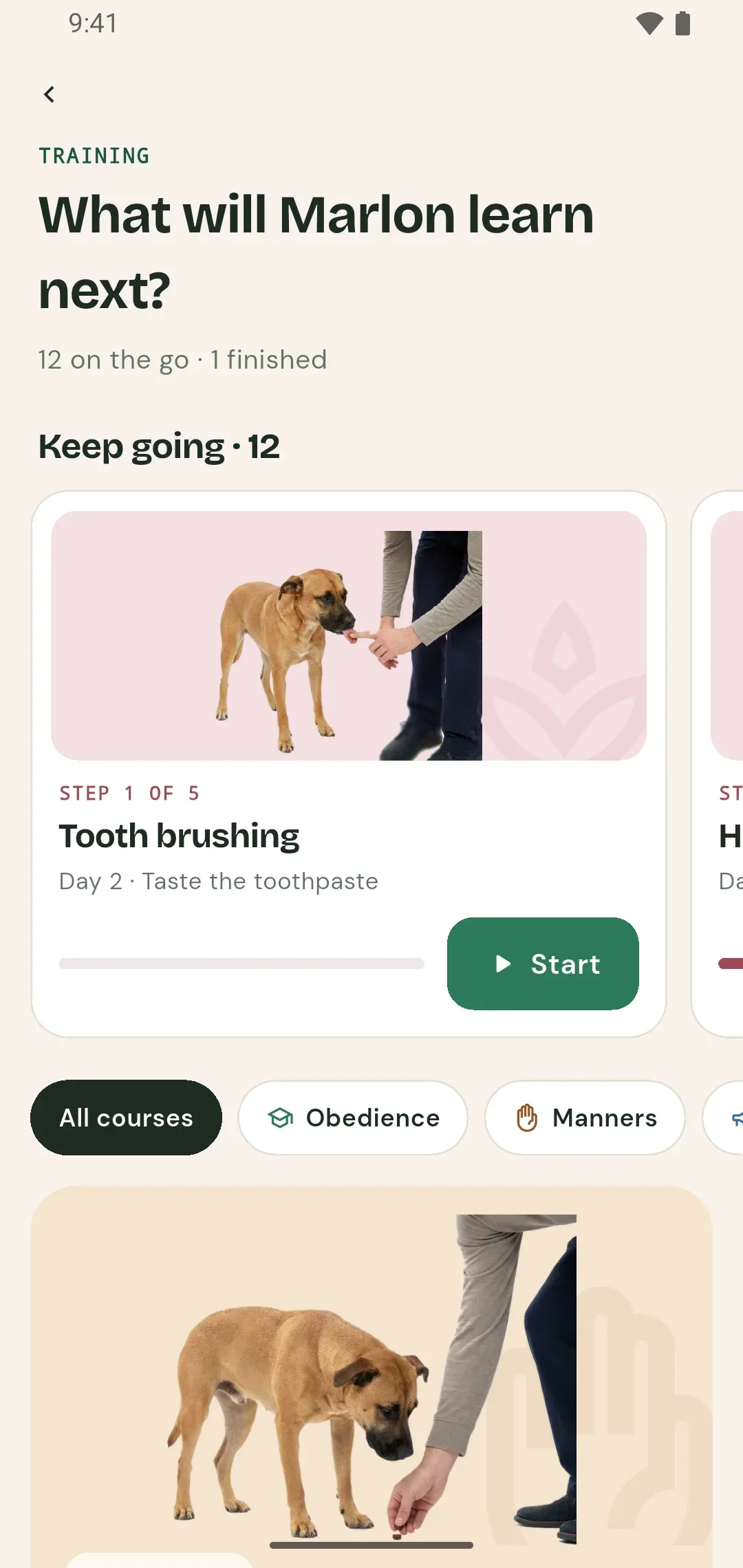 PetTrackr training screen with step-by-step courses in progress, like tooth brushing