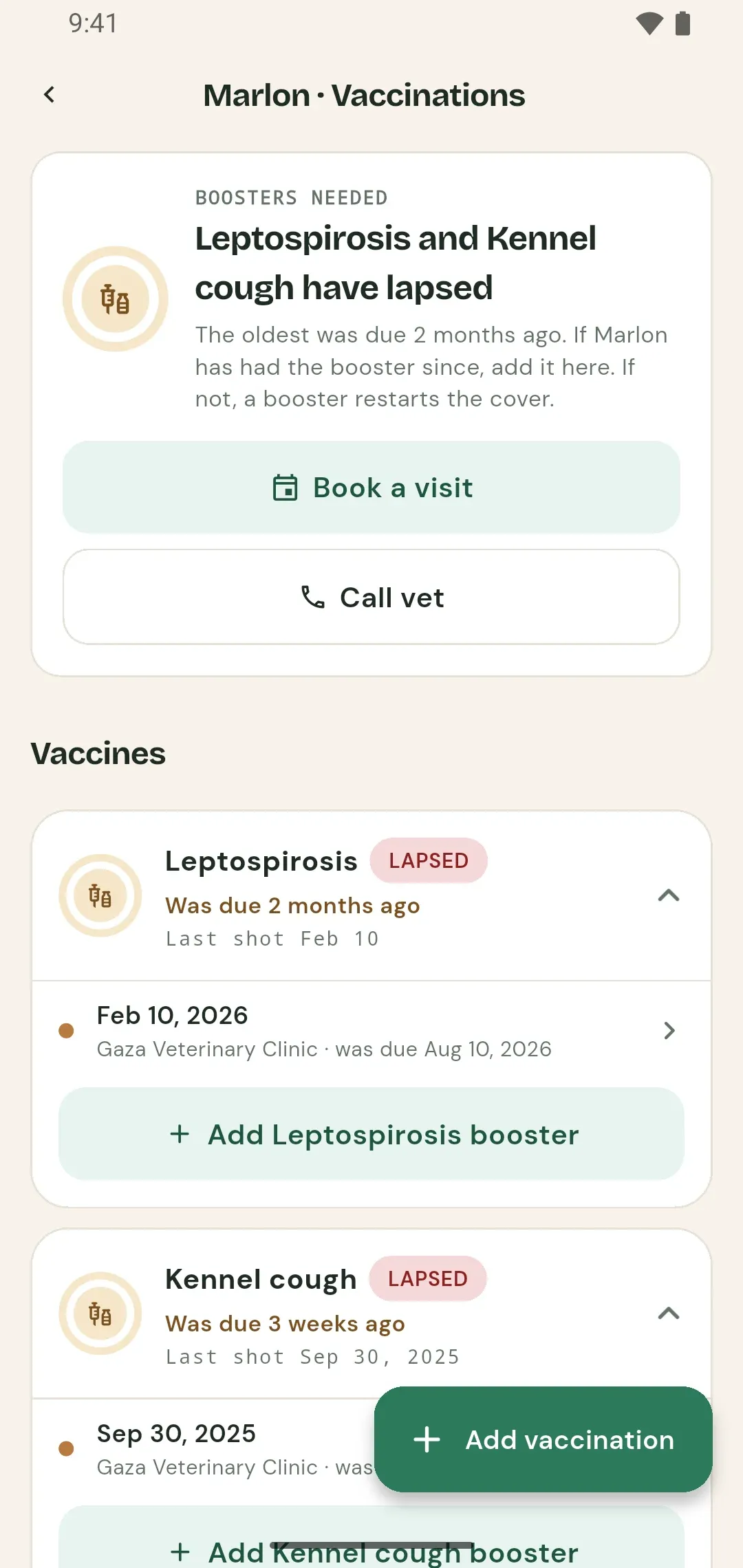 The PetTrackr vaccinations screen showing each vaccine with its next due date