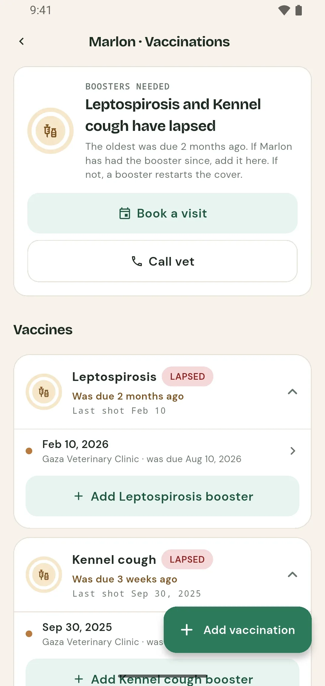 PetTrackr vaccinations screen flagging two lapsed boosters with buttons to book a visit or call the vet