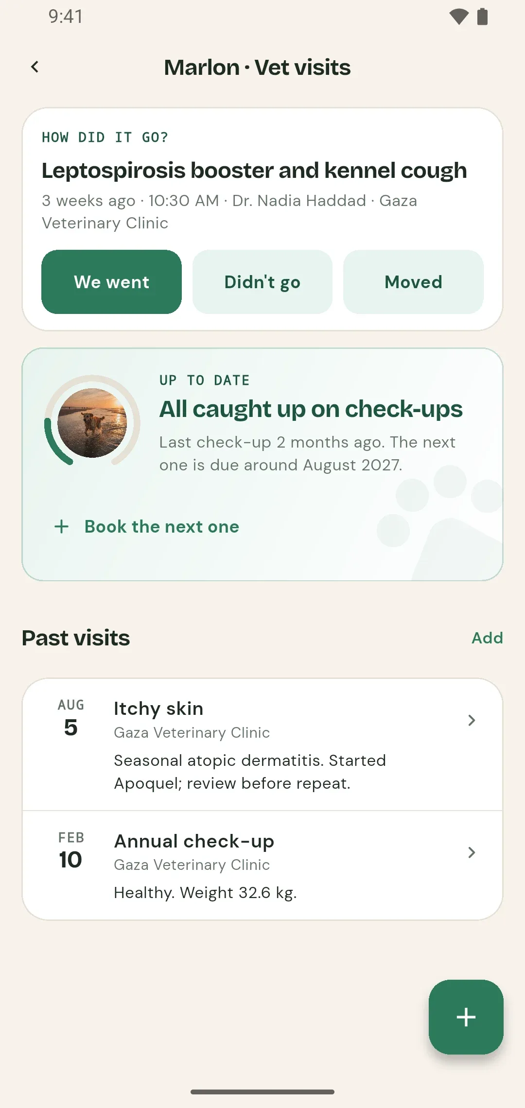 PetTrackr vet visits screen asking how the last visit went and showing check-up status