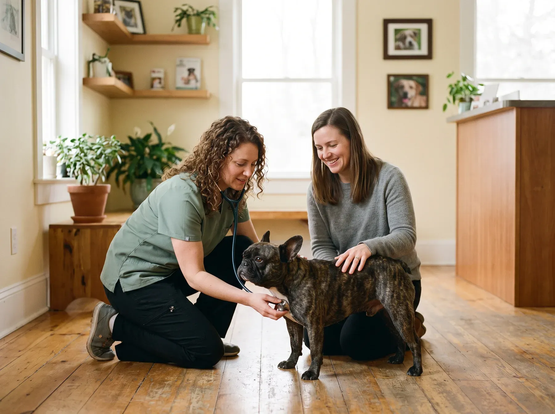 A veterinarian gently examining a French Bulldog while its owner smiles beside them